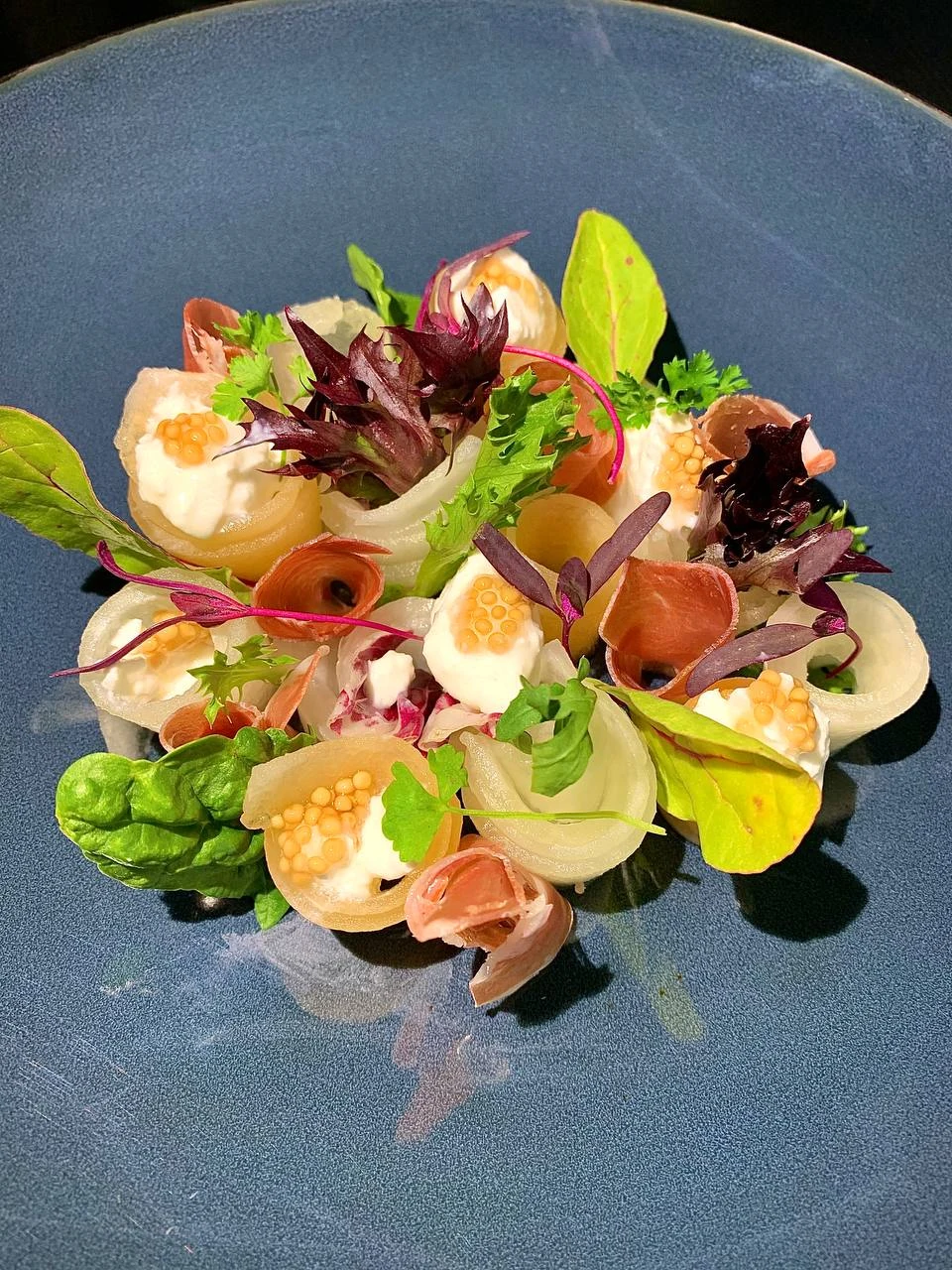Colorful plated dish with leafy greens and delicate garnishes on a blue plate